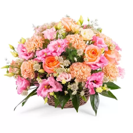 Canastillo Mediano con Lisianthus Rosados y Rosas Color Damasco más Hipéricos