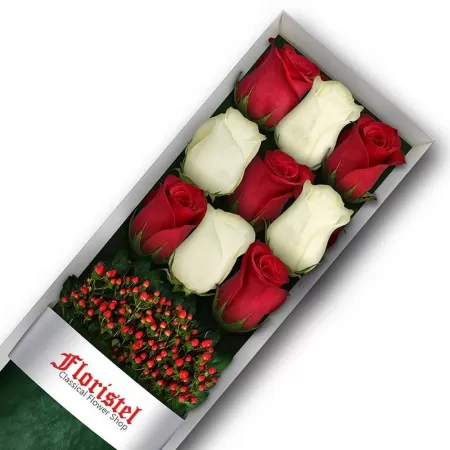 Caja de 9 Rosas Rojas y Blancas 