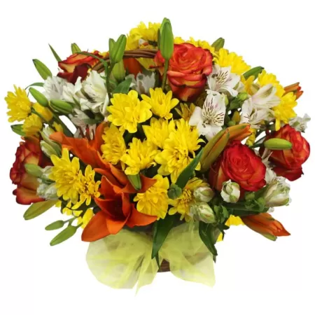 Canastillo Mediano con Liliums Rosas y Flores Mix tonos Naranjas