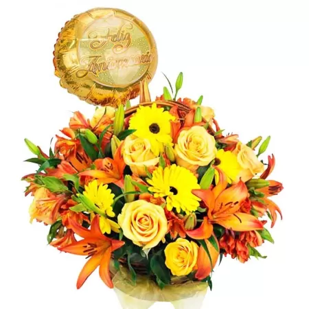 Flores para Aniversario Gerberas liliums y Rosas más Globo