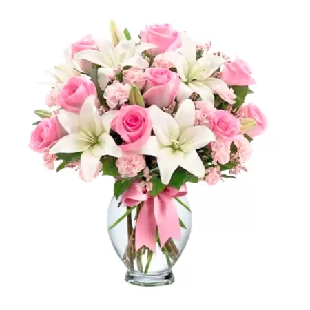 Florero con 12 Rosas Rosadas y 10 Liliums blancos y Claveles