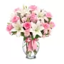 Florero con 12 Rosas Rosadas y 10 Liliums blancos y Claveles