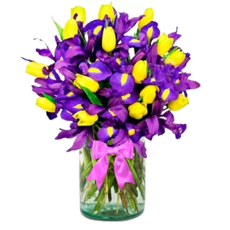 Florero con 20 Tulipanes Amarillos más 10 Iris morados