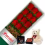 CAJA DE 12 ROSAS ROJAS MAS CHOCOLATE GRAGEA VARSOVIENNE Y PELUCHE