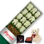 CAJA DE 12 ROSAS BLANCAS MAS CHOCOLATE GRAGEA VARSOVIENNE Y PELUCHE