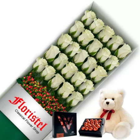 CAJA DE 24 ROSAS BLANCAS MAS CHOCOLATE GRAGEA VARSOVIENNE Y PELUCHE