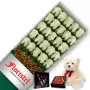 CAJA DE 24 ROSAS BLANCAS MAS CHOCOLATE GRAGEA VARSOVIENNE Y PELUCHE