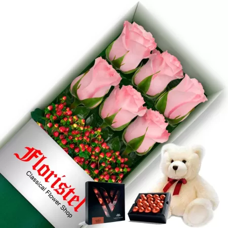 CAJA DE 6 ROSAS ROSADAS MAS CHOCOLATE GRAGEA VARSOVIENNE Y PELUCHE