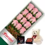 CAJA DE 12 ROSAS ROSADAS MAS CHOCOLATE GRAGEA VARSOVIENNE Y PELUCHE