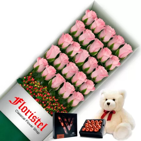 CAJA DE 24 ROSAS ROSADAS MAS CHOCOLATE GRAGEA VARSOVIENNE Y PELUCHE