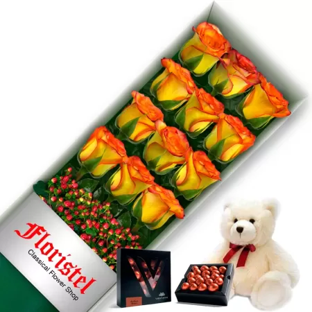 CAJA DE 12 ROSAS CIRCUS MAS CHOCOLATE GRAGEA VARSOVIENNE Y PELUCHE