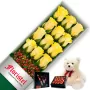 CAJA DE 12 ROSAS AMARILLAS MAS CHOCOLATE GRAGEA VARSOVIENNE Y PELUCHE