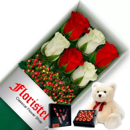 CAJA DE 6 ROSAS MIX ROJAS Y BLANCAS MAS CHOCOLATE GRAGEA VARSOVIENNE Y PELUCHE