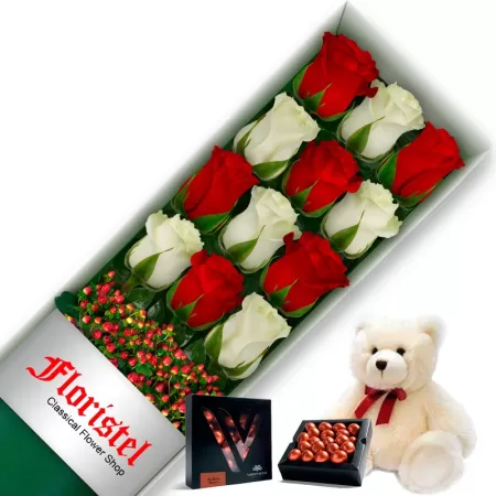 CAJA DE 12 ROSAS MIX ROJAS Y BLANCAS MAS CHOCOLATE GRAGEA VARSOVIENNE Y PELUCHE