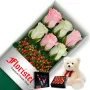 CAJA DE 6 ROSAS MIX BLANCAS Y ROSADAS MAS CHOCOLATE GRAGEA VARSOVIENNE Y PELUCHE