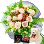 RAMO 12 ROSAS BLANCAS MAS CHOCOLATE GRAGEA VARSOVIENNE Y PELUCHE