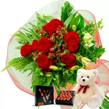 RAMO 6 ROSAS ROJAS MAS CHOCOLATE GRAGEA VARSOVIENNE Y PELUCHE