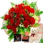 RAMO 24 ROSAS ROJAS MAS CHOCOLATE GRAGEA VARSOVIENNE Y PELUCHE