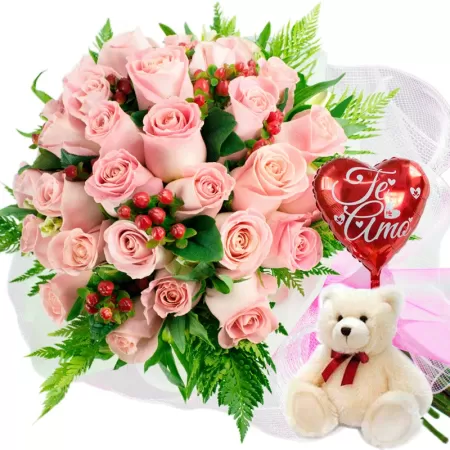 OFERTA RAMO DE 24 ROSAS ROSADAS + GLOBO TE AMO Y PELUCHE