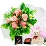 RAMO 6 ROSAS ROSADAS MAS CHOCOLATE GRAGEA VARSOVIENNE Y PELUCHE