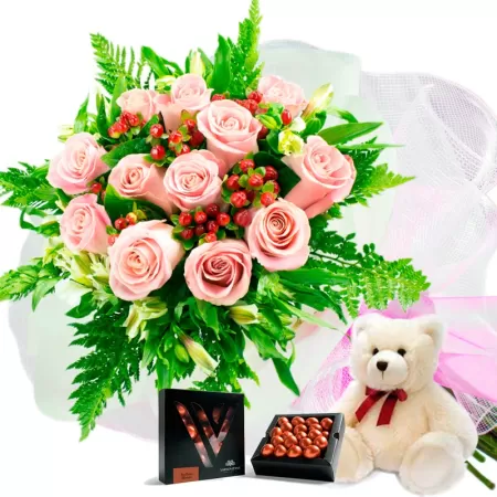 RAMO 12 ROSAS ROSADAS MAS CHOCOLATE GRAGEA VARSOVIENNE Y PELUCHE