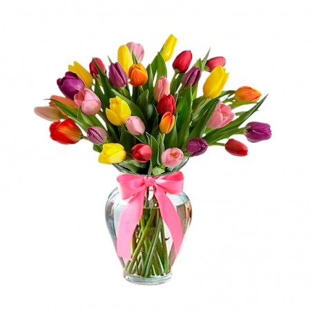 Florero Con 30 Tulipanes Mix Colores