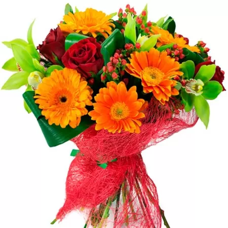 Ramo de Flores con Gerberas Naranjas y Rosas Rojas más flores Mix