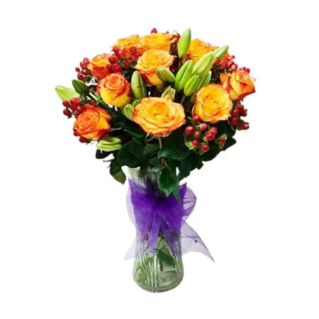 Florero de 12 Rosas Circus con Liliums mas Hipericos