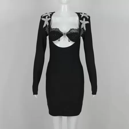 JUNE LIPS-vestido negro de manga larga para mujer, Falda corta ahuecada de estrella de mar, vestido de vendaje, elegante, fiesta