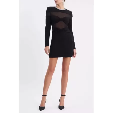 JUNE LIPS-vestido de noche de manga larga para mujer, traje Sexy de malla con lazo negro y diamantes, elegante, primavera y vera