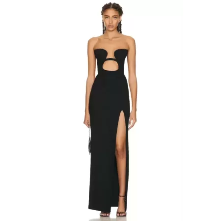 JUNE LIPS-vestido de noche negro sin tirantes para mujer, vestido de vendaje largo dividido, elegante, venta al por mayor, 2024