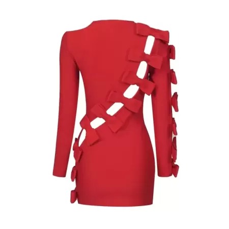 JUNE LIPS-vestido Bandage de manga larga para mujer, vestido Sexy rojo con lazo hueco, vestido de noche para fiesta de cumpleaño