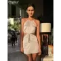 Clacive-vestido ajustado de satén para mujer, minivestido Sexy de color caqui sin mangas con cuello Halter y espalda descubierta