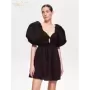 Clacive-vestido de algodón negro suelto para mujer, minivestido Sexy con cuello en V, manga corta, elegante, con cordones, cintu