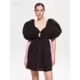 Clacive-vestido de algodón negro suelto para mujer, minivestido Sexy con cuello en V, manga corta, elegante, con cordones, cintu