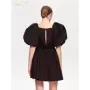 Clacive-vestido de algodón negro suelto para mujer, minivestido Sexy con cuello en V, manga corta, elegante, con cordones, cintu