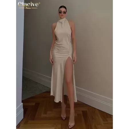 Clacive-vestido de satén caqui ajustado para mujer, traje Midi sin mangas con cuello levantado, elegante, clásico, con abertura,