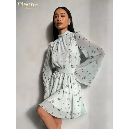 Clacive-vestido estampado holgado para mujer, minivestido informal de manga larga con cuello levantado, elegante, plisado de cin