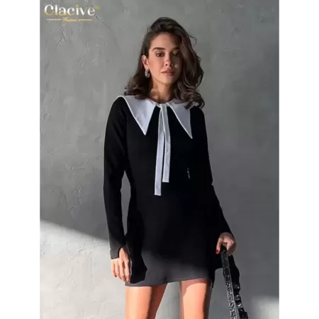 Clacive-vestido negro ajustado de manga larga para mujer, minivestido elegante con solapa, informal, clásico, de retazos, para o