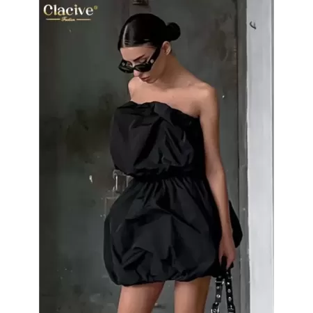 Clacive-vestido negro holgado sin tirantes para mujer, minivestido elegante plisado de cintura alta, sin mangas, para verano, 20