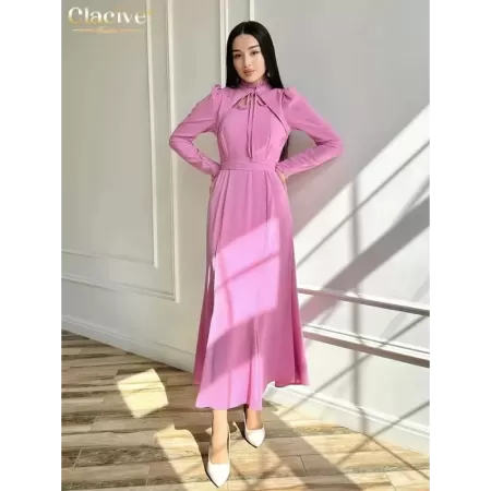 Clacive-vestido rosa ajustado de manga larga con cuello levantado para mujer, traje elegante de cintura alta con cordones, infor