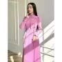 Clacive-vestido rosa ajustado de manga larga con cuello levantado para mujer, traje elegante de cintura alta con cordones, infor