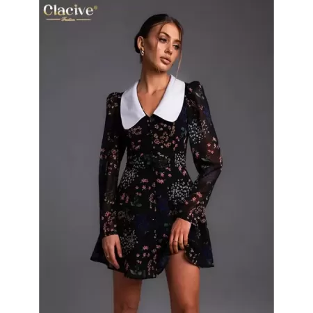 Clacive-Vestido corto clásico de manga larga para mujer, minivestido elegante de cintura alta con solapa y estampado Vintage, a 