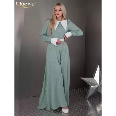 Clacive-vestido holgado de oficina para mujer, prenda elegante de manga larga con solapa, largo hasta el tobillo, clásico, 2024