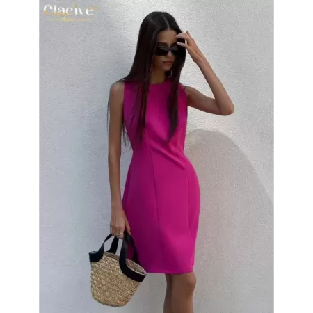 Clacive-vestido de oficina Rosa ajustado para mujer, minivestido elegante clásico sin mangas con cuello redondo y cintura alta, 