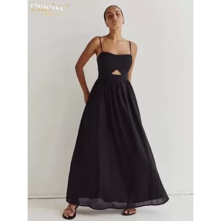 Clacive-vestido negro holgado de algodón para mujer, traje Sexy sin mangas con tirantes, largo hasta el tobillo, elegante, para 