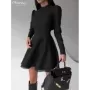 Clacive-vestido negro ajustado para mujer, minivestido informal de manga larga con cuello redondo, elegante, de cintura alta, em