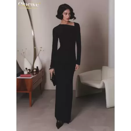 Clacive-vestido ajustado de punto para mujer, prenda elegante de color negro, con cuello Diagonal, hasta el tobillo, a la moda, 