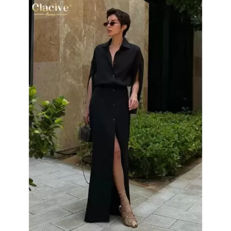 Clacive-vestido de algodón negro para mujer, prenda Sexy, holgada, de manga larga, hasta el tobillo, elegante, clásico, con aber