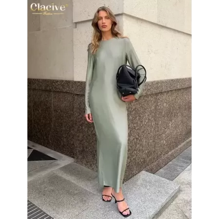 Clacive-vestido de satén negro para mujer, prenda informal de manga larga con cuello redondo, hasta el tobillo, elegante, clásic